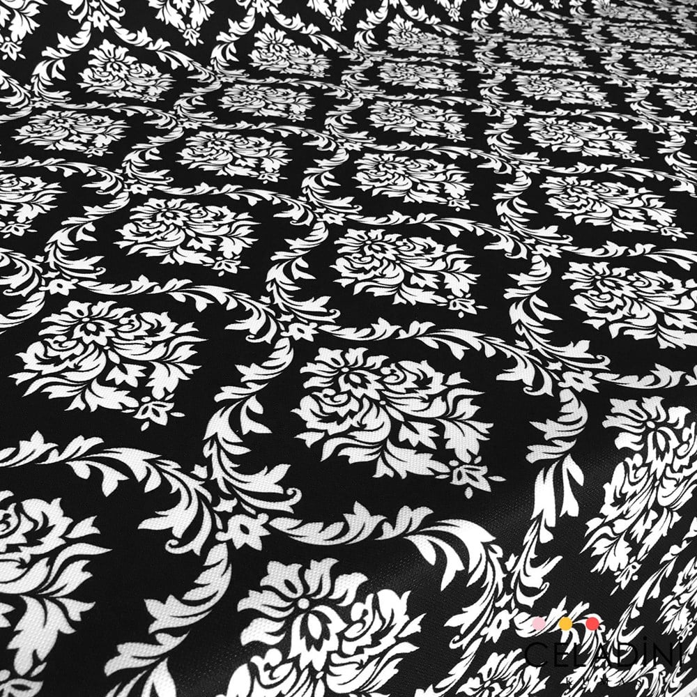 Siyah Beyaz Büyük Damask Desenli Kumaş