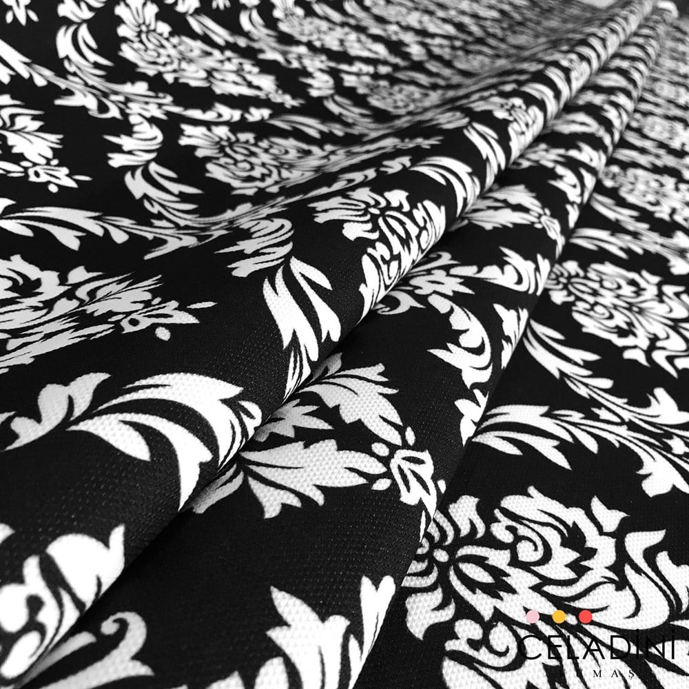 Siyah Beyaz Büyük Damask Desenli Kumaş