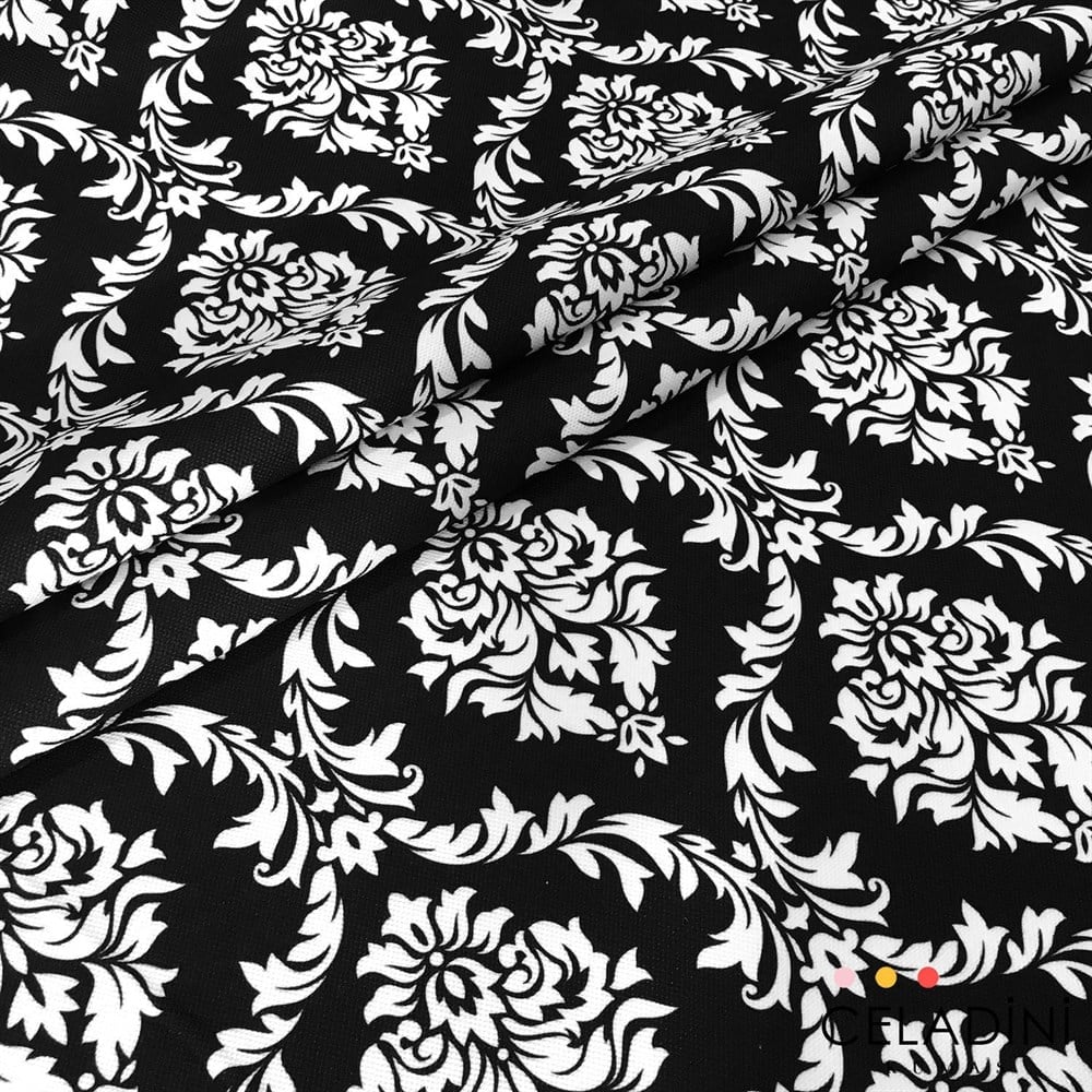 Siyah Beyaz Büyük Damask Desenli Kumaş
