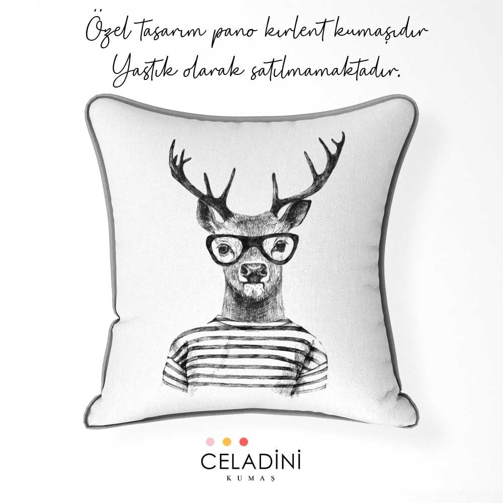 Siyah Beyaz Geyik Desenli Pano Baskılı Kırlent Kumaşı