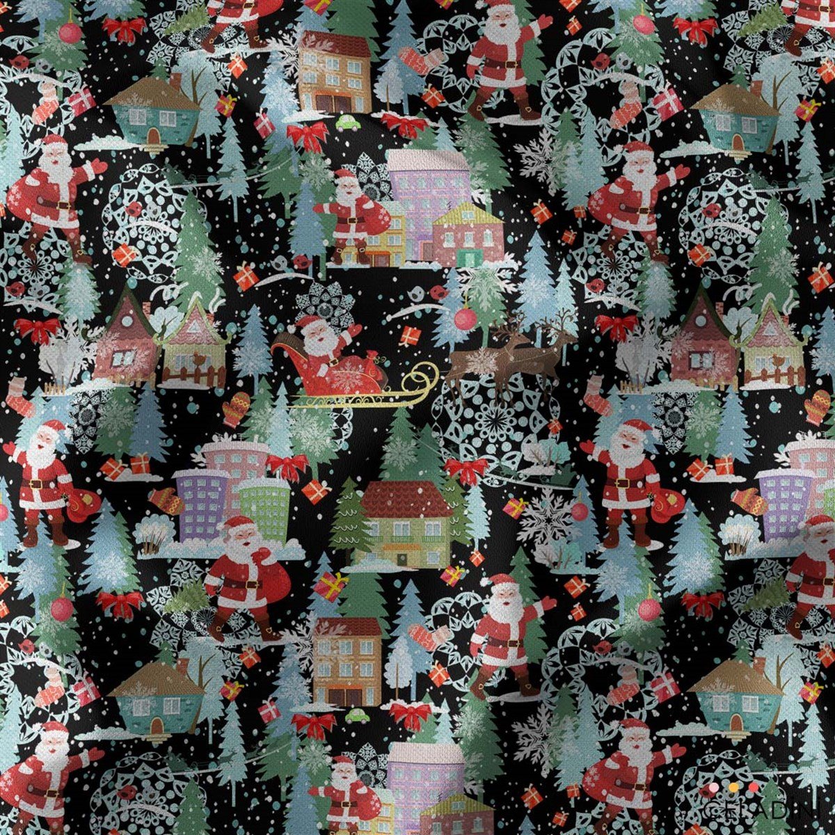 Siyah Beyaz Noel Baba Desenli Yılbaşı Kumaşı