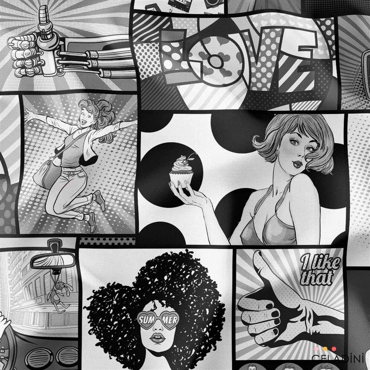 Siyah Beyaz Pop Art Desenli Kumaş