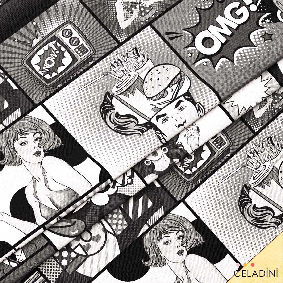 Siyah Beyaz Pop Art Desenli Kumaş