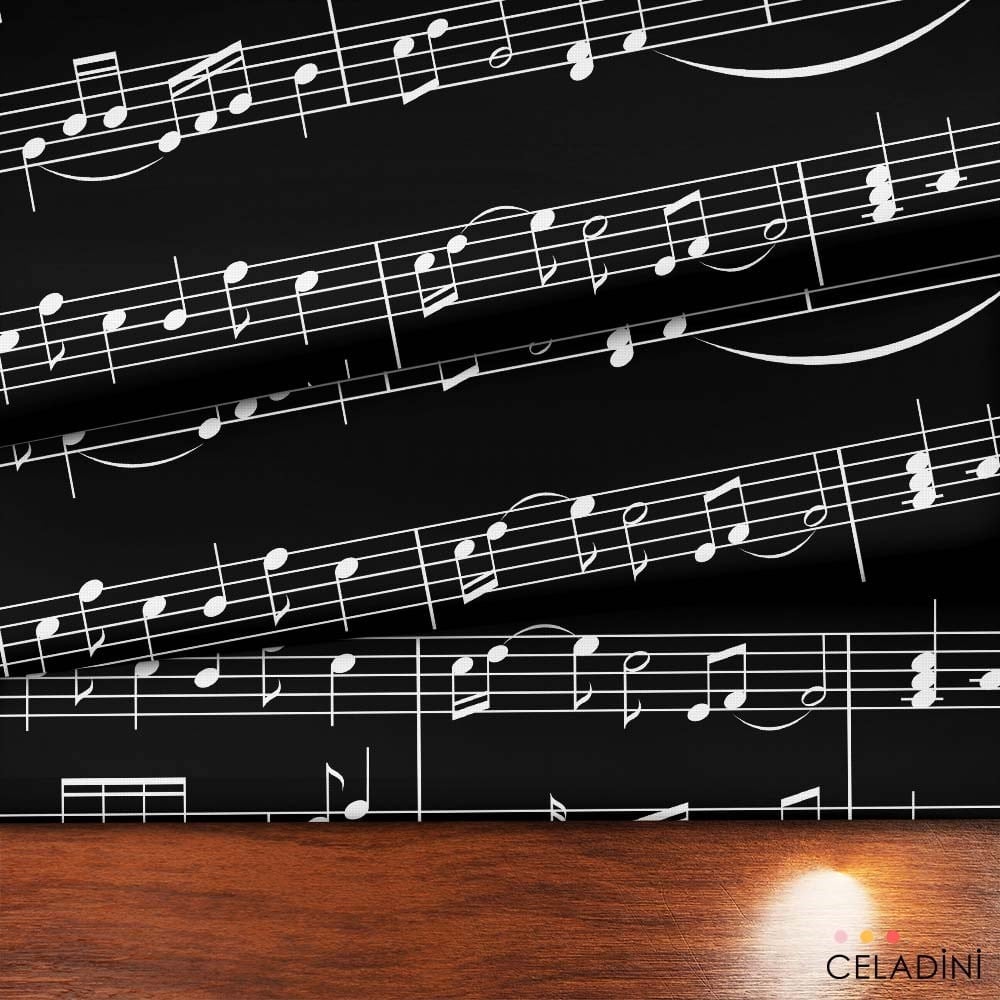 Siyah Fon Müzik Notası Desenli Kumaş