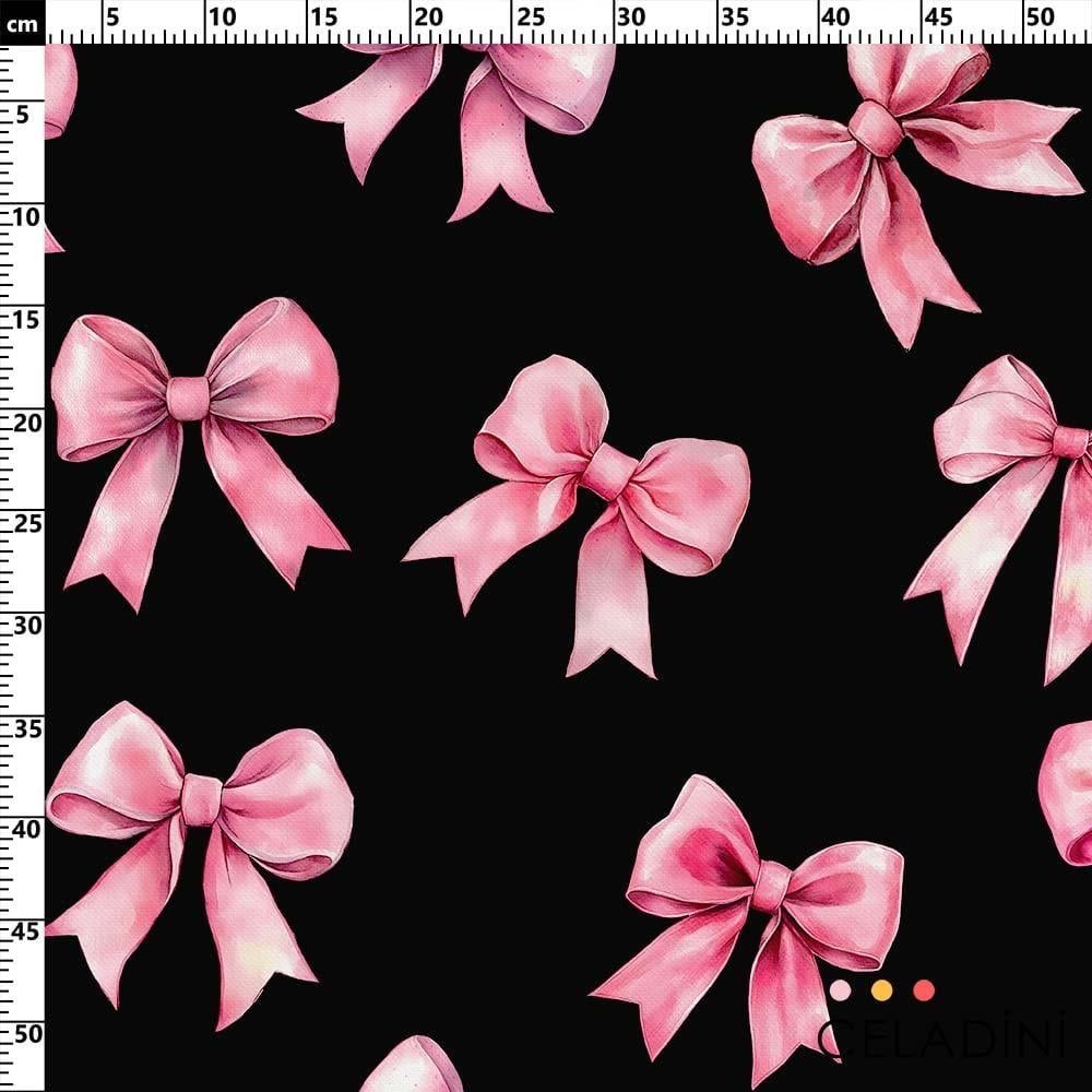 Siyah Fon Pembe Fiyonklar Sevgililer Günü Desenli Kumaş