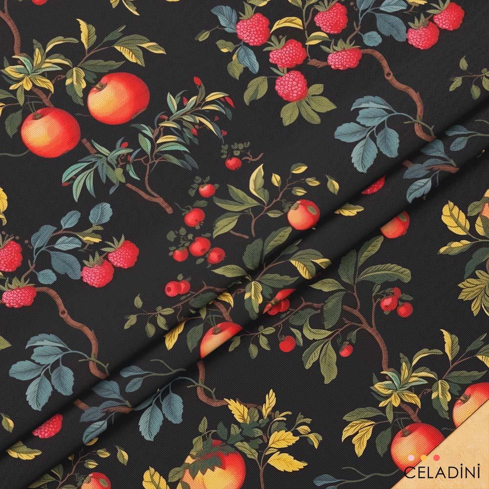 Siyah Fon Vintage Meyve Bahçesi Desenli Kumaş