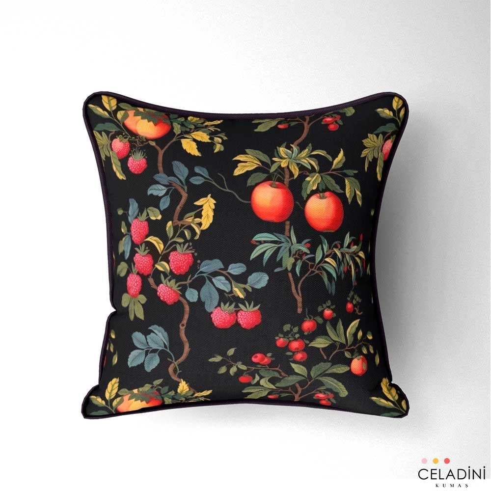Siyah Fon Vintage Meyve Bahçesi Desenli Kumaş