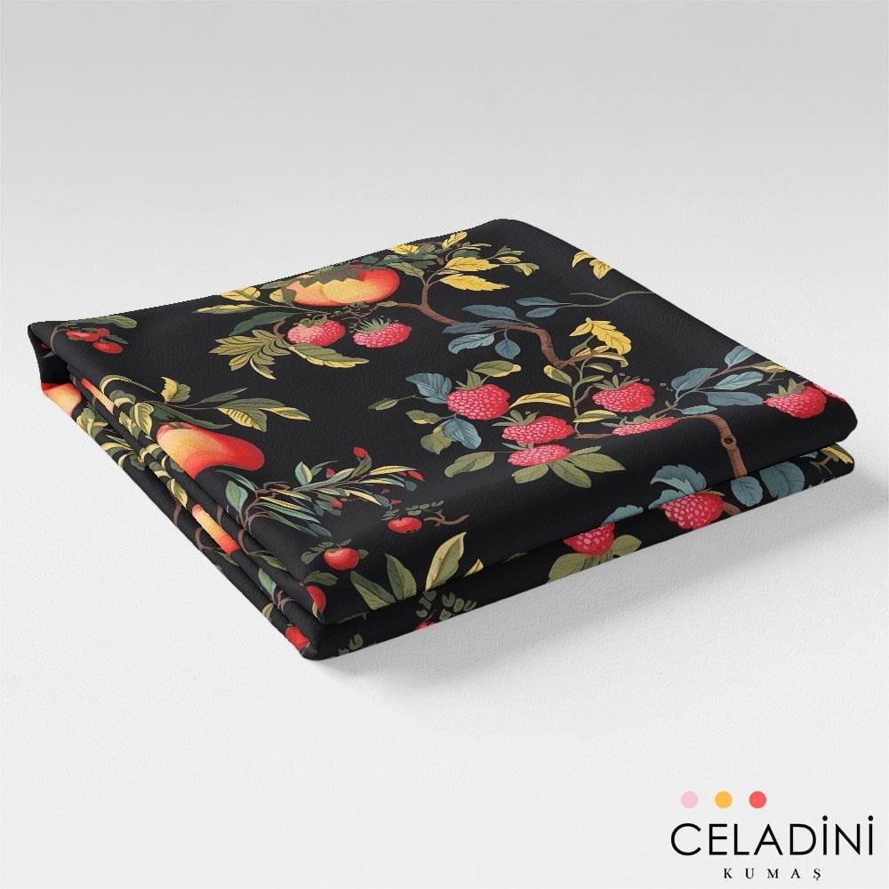 Siyah Fon Vintage Meyve Bahçesi Desenli Kumaş