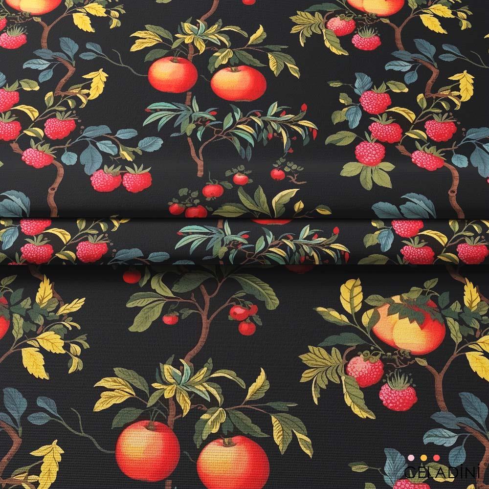 Siyah Fon Vintage Meyve Bahçesi Desenli Kumaş