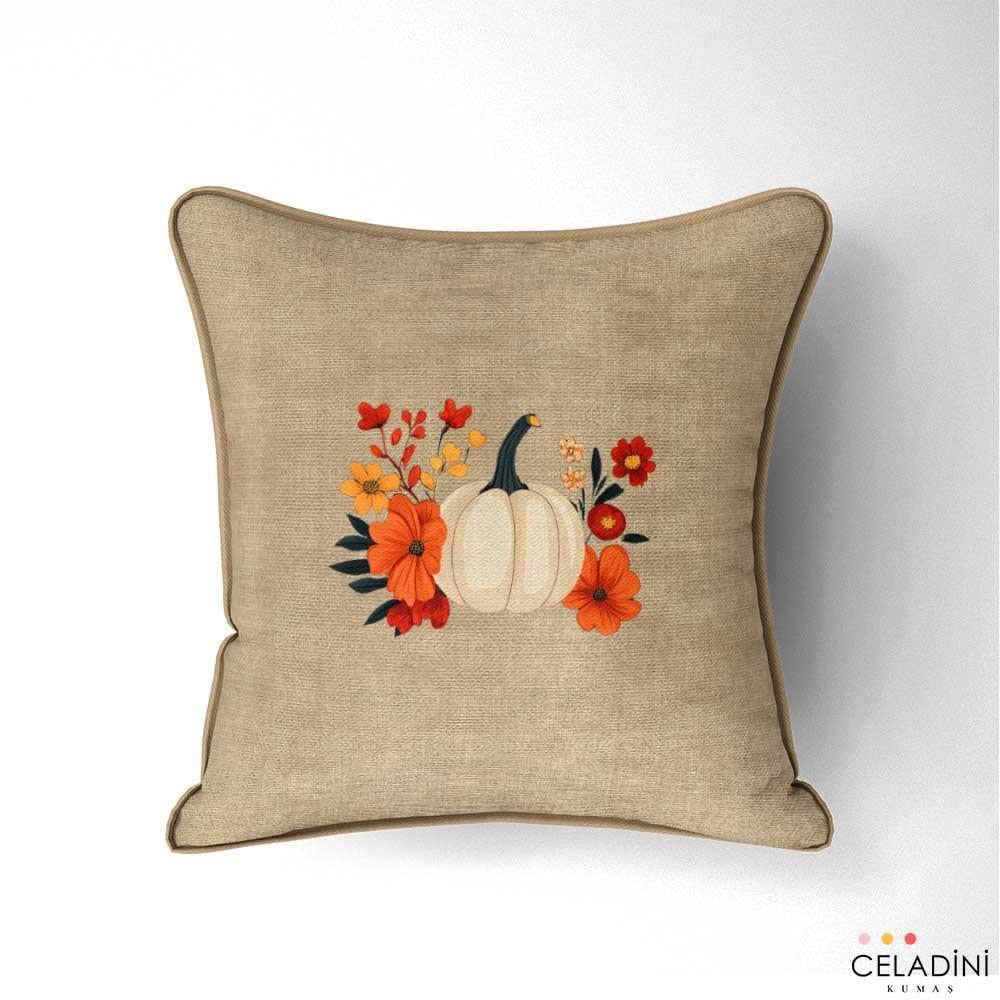 Sonbahar Balkabağı Desenli Kırlent Kumaşı (Model-3)