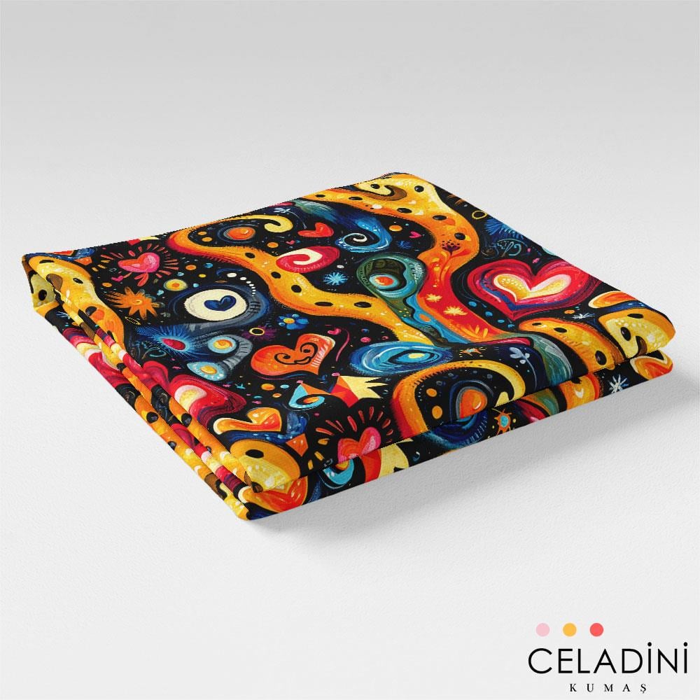 Soyut Tasarımlı Kalpli Pop Art Desenli Kumaş