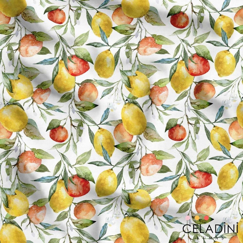 Sulu Boya Limon Portakal Desenli Kumaş