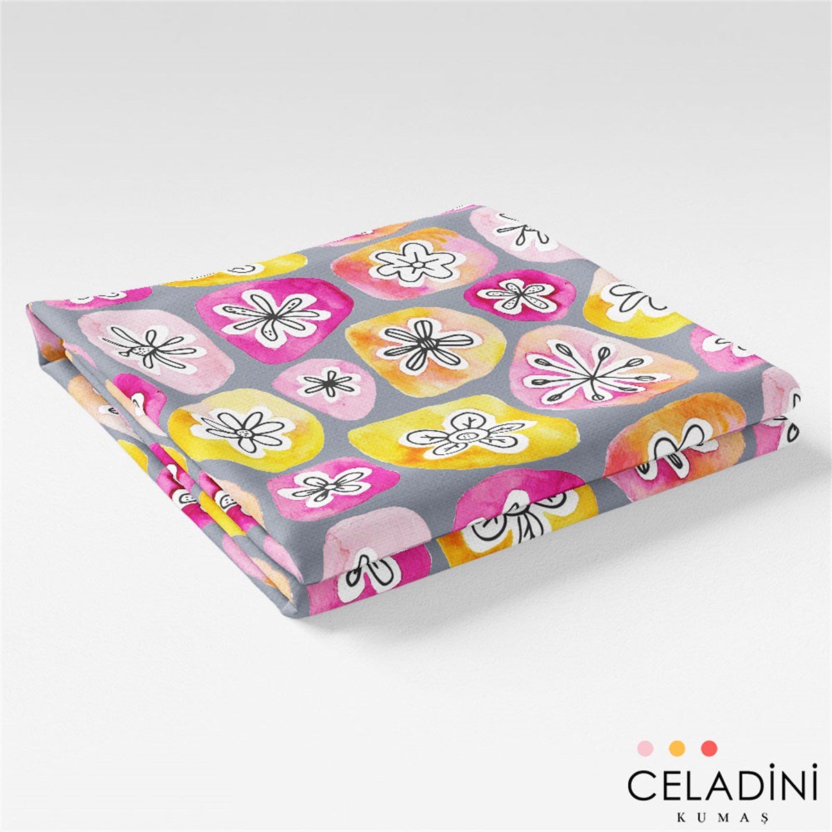 Suluboya Modern Çiçek Desenli Kumaş (Gri)