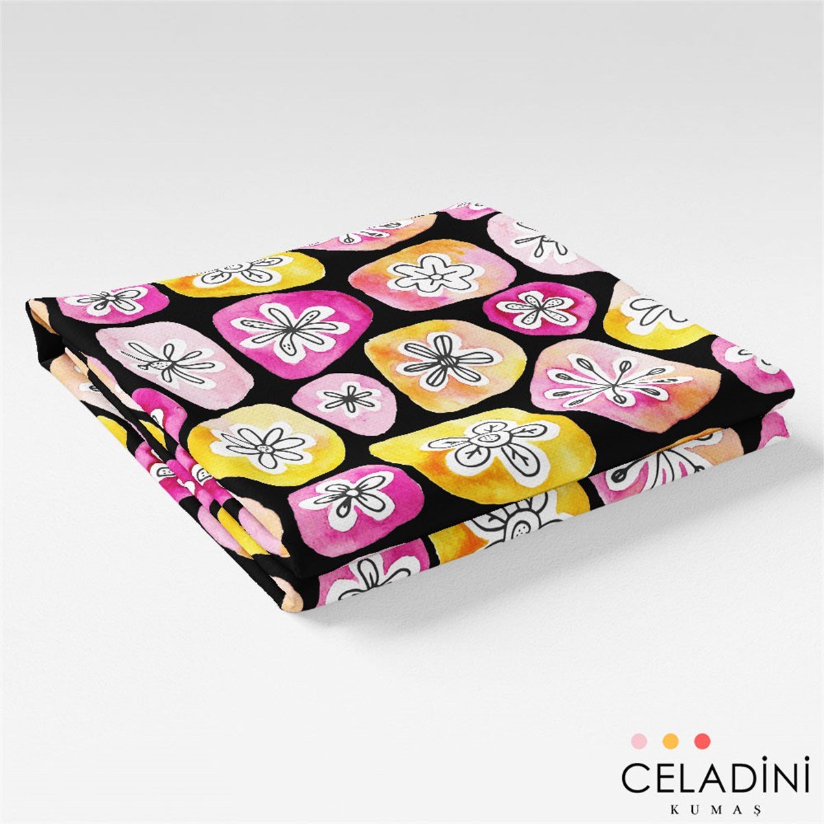 Suluboya Modern Çiçek Desenli Kumaş (Siyah)