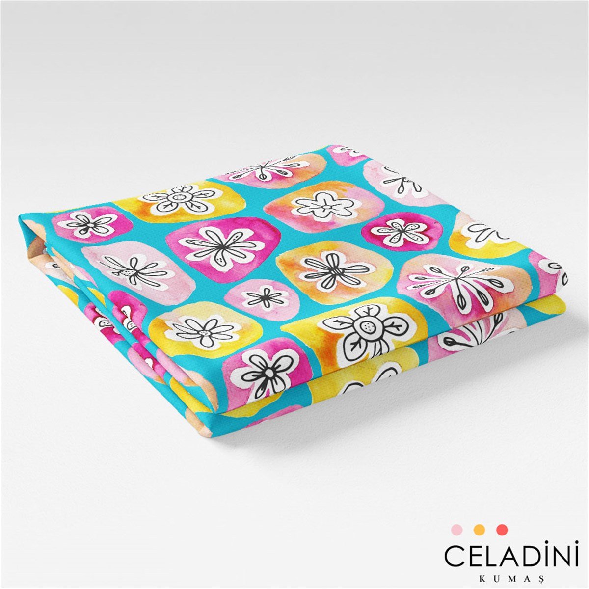 Suluboya Modern Çiçek Desenli Kumaş (Turkuaz)