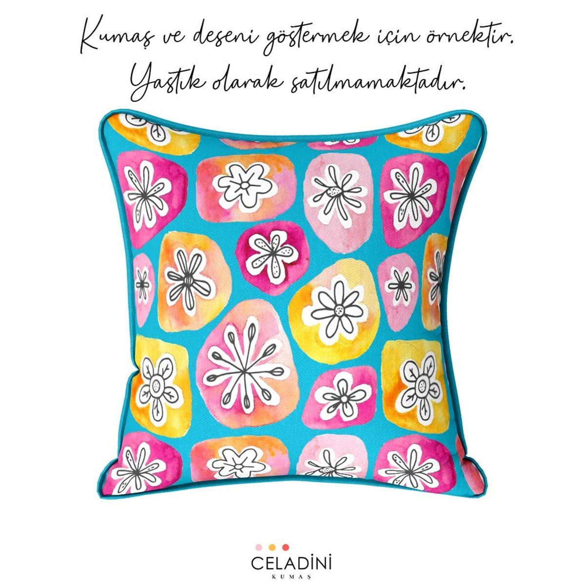 Suluboya Modern Çiçek Desenli Kumaş (Turkuaz)
