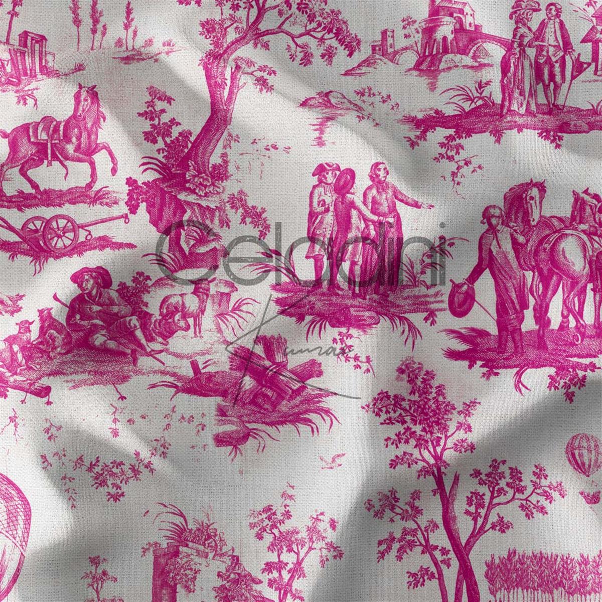 Toile de Jouy Desenli Kumaş (Fuşya)