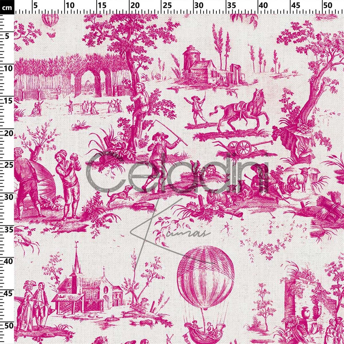 Toile de Jouy Desenli Kumaş (Fuşya)