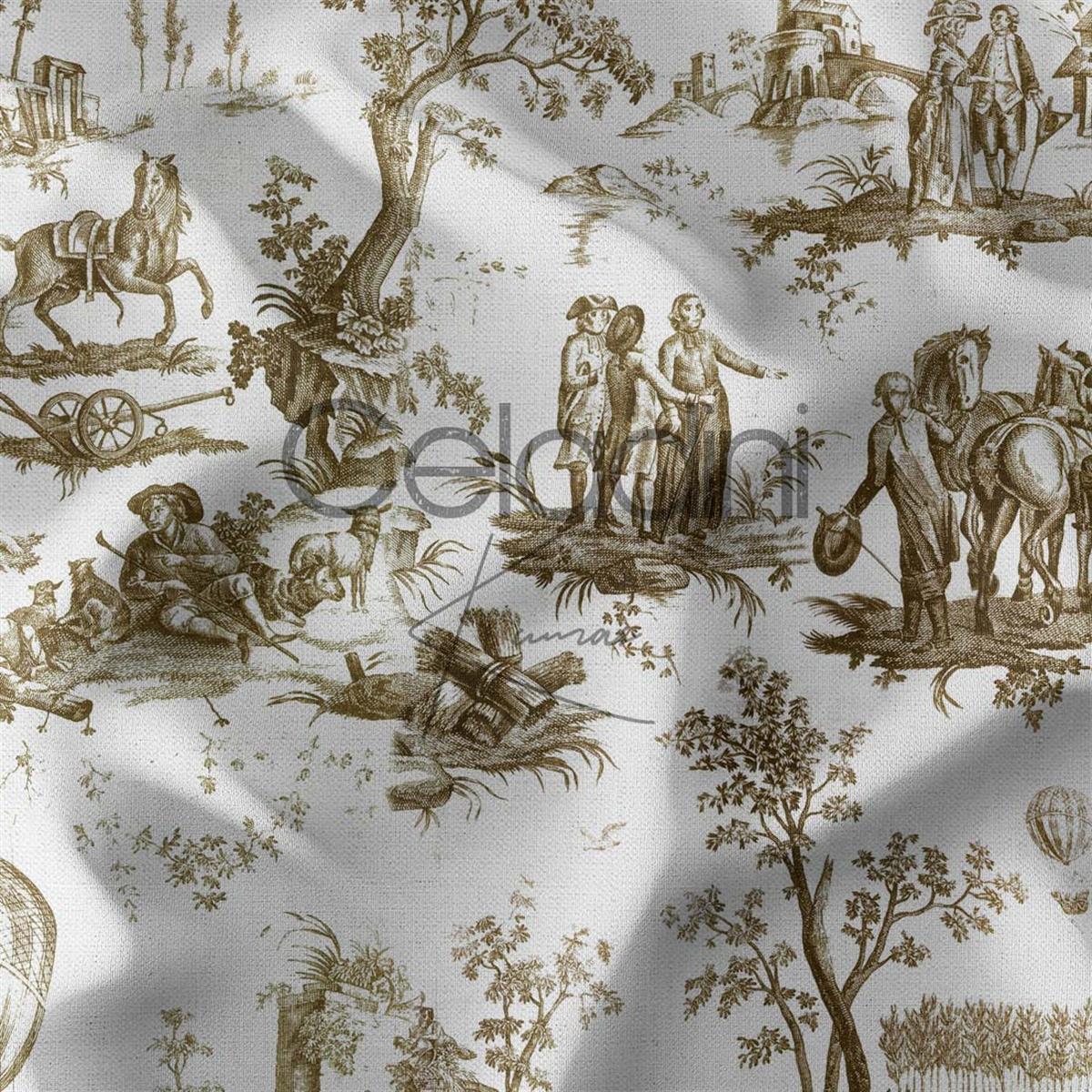 Toile de Jouy Desenli Kumaş (Kahve)
