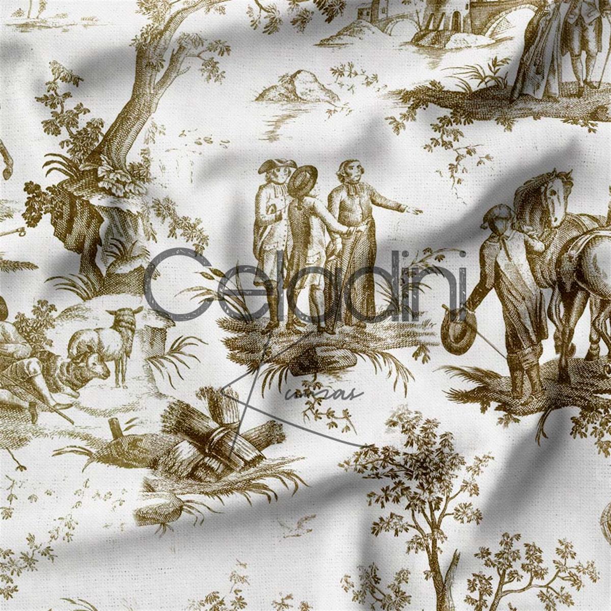 Toile de Jouy Desenli Kumaş (Kahve)