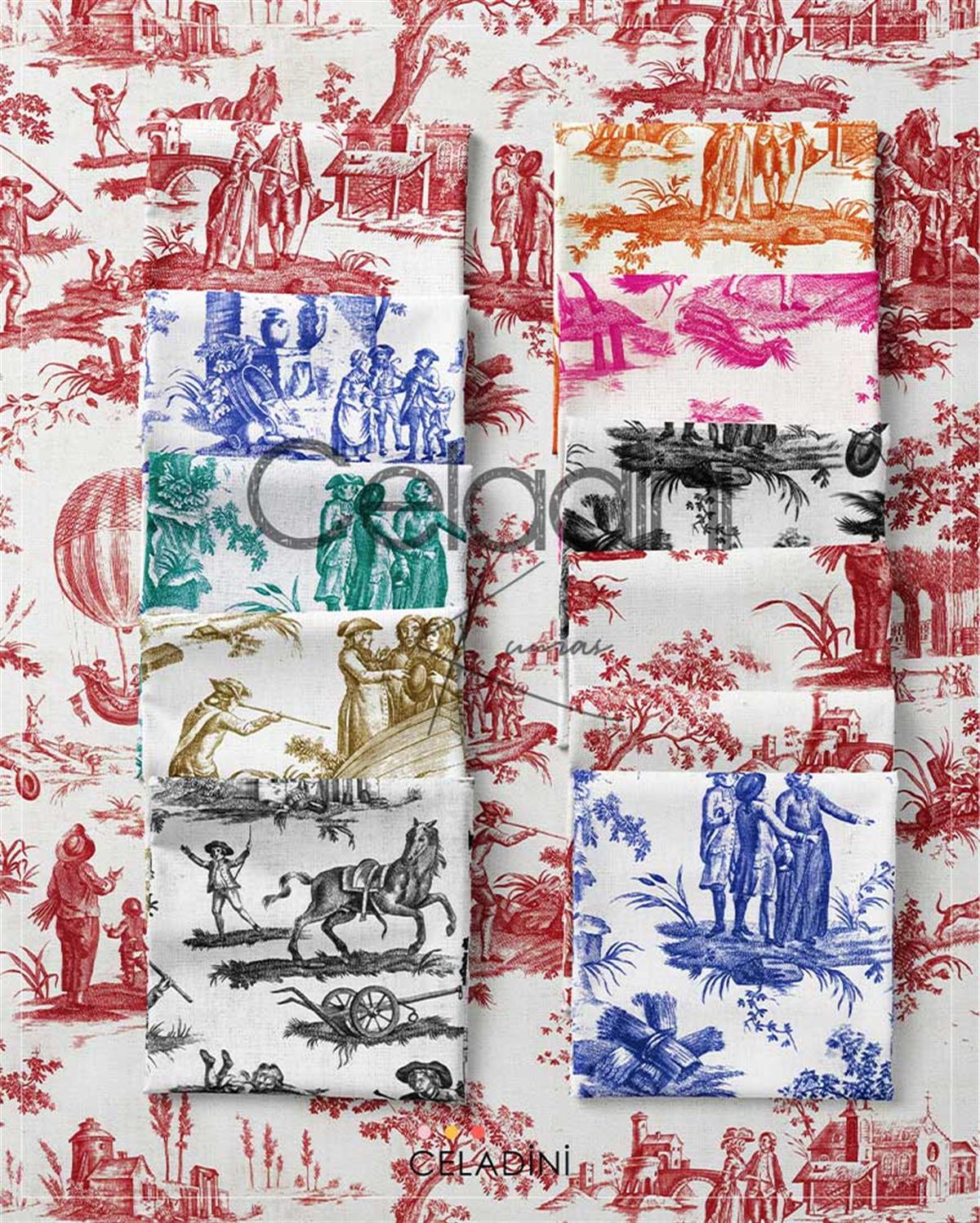 Toile de Jouy Desenli Kumaş (Kırmızı)