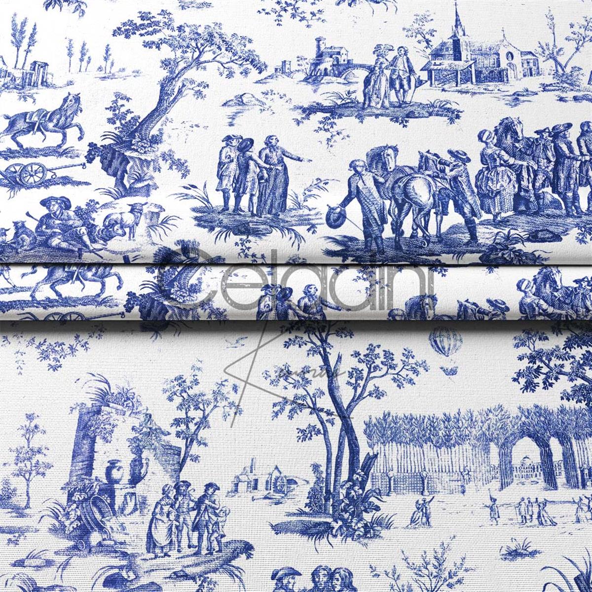 Toile de Jouy Desenli Kumaş (Lacivert)