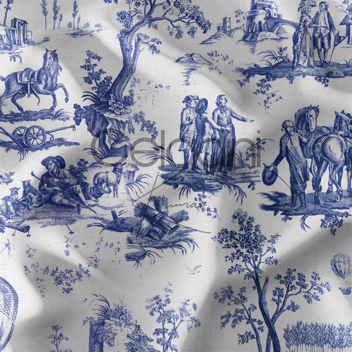 Toile de Jouy Desenli Kumaş (Lacivert)
