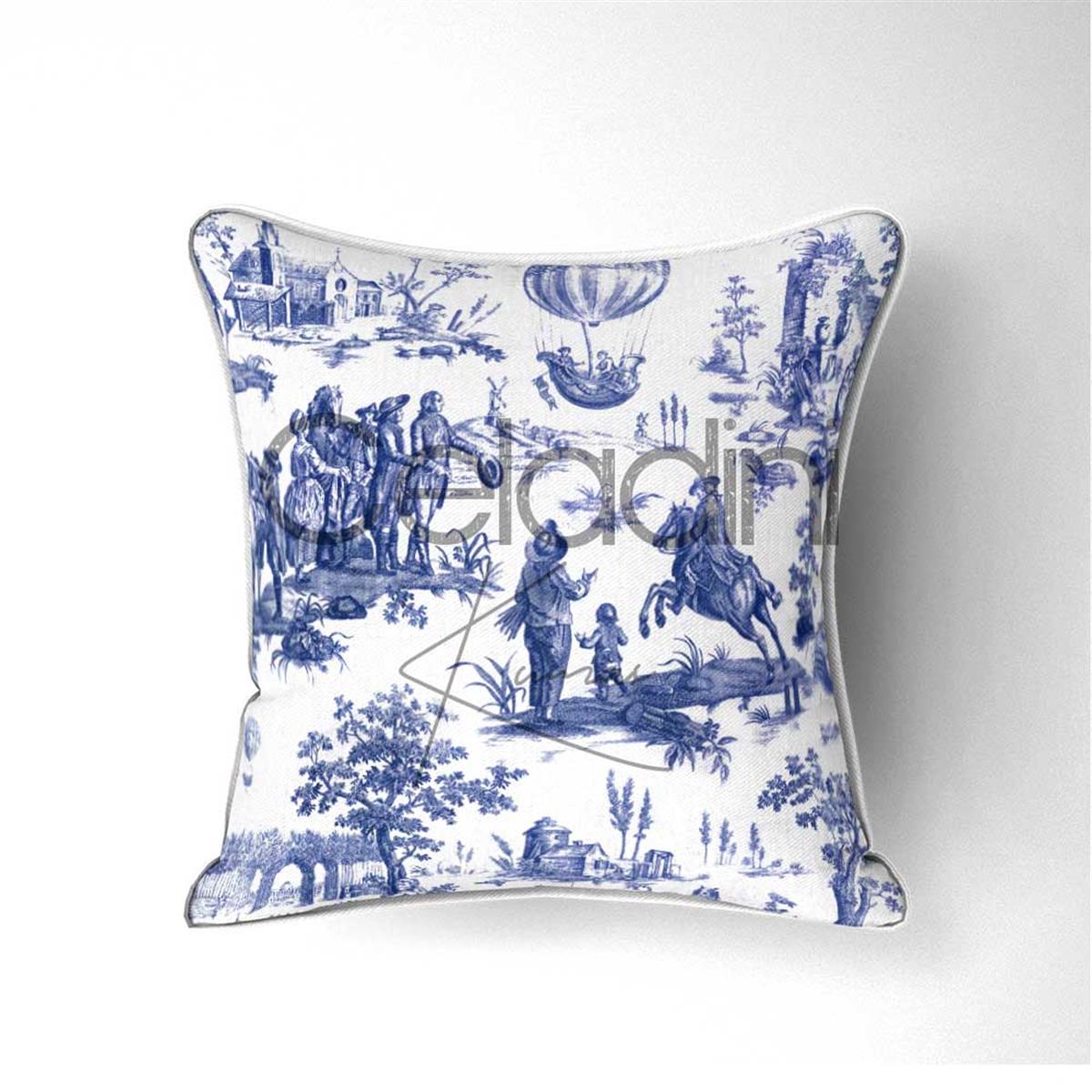 Toile de Jouy Desenli Kumaş (Lacivert)