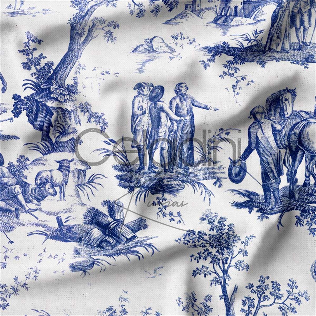 Toile de Jouy Desenli Kumaş (Lacivert)