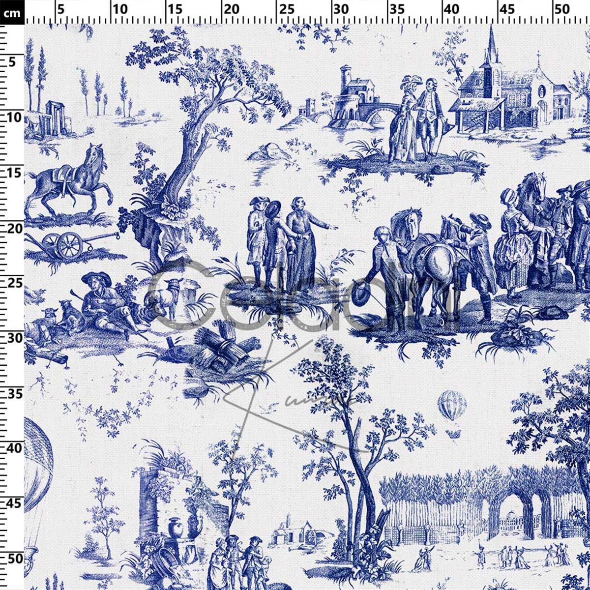 Toile de Jouy Desenli Kumaş (Lacivert)
