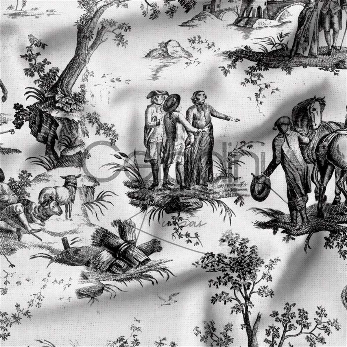 Toile de Jouy Desenli Kumaş (Siyah)
