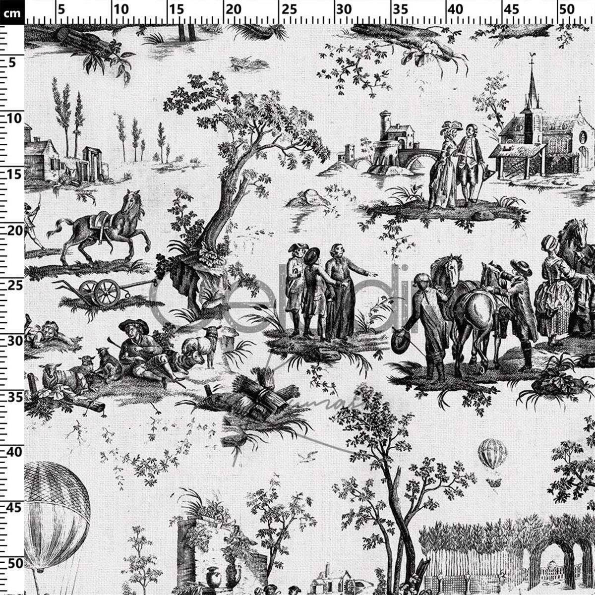 Toile de Jouy Desenli Kumaş (Siyah)