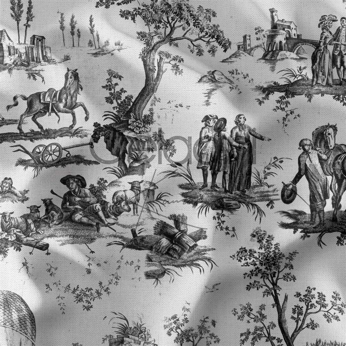 Toile de Jouy Desenli Kumaş (Siyah)