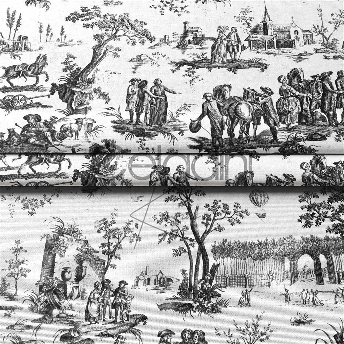 Toile de Jouy Desenli Kumaş (Siyah)