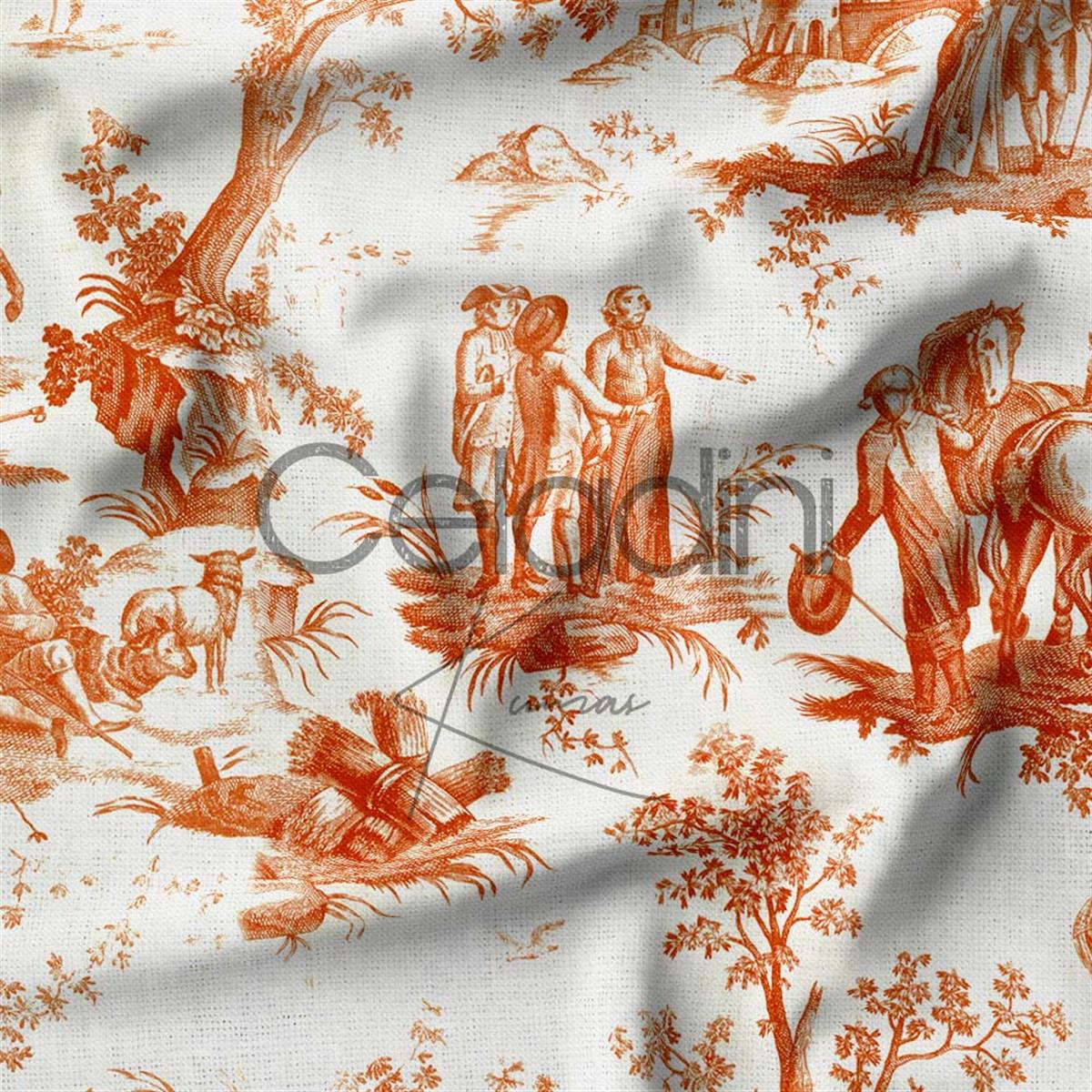Toile de Jouy Desenli Kumaş (Turuncu)