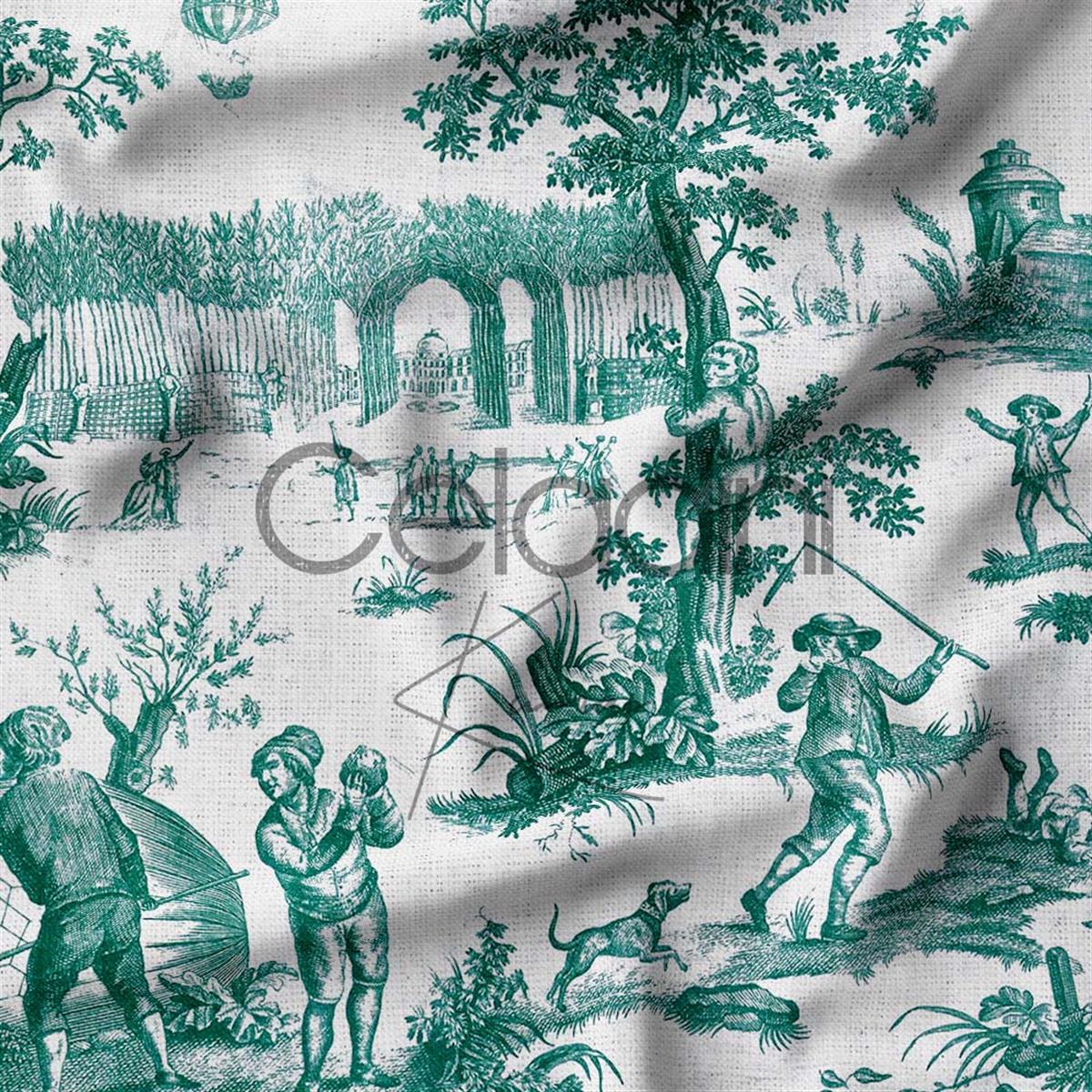 Toile de Jouy Desenli Kumaş (Yeşil)