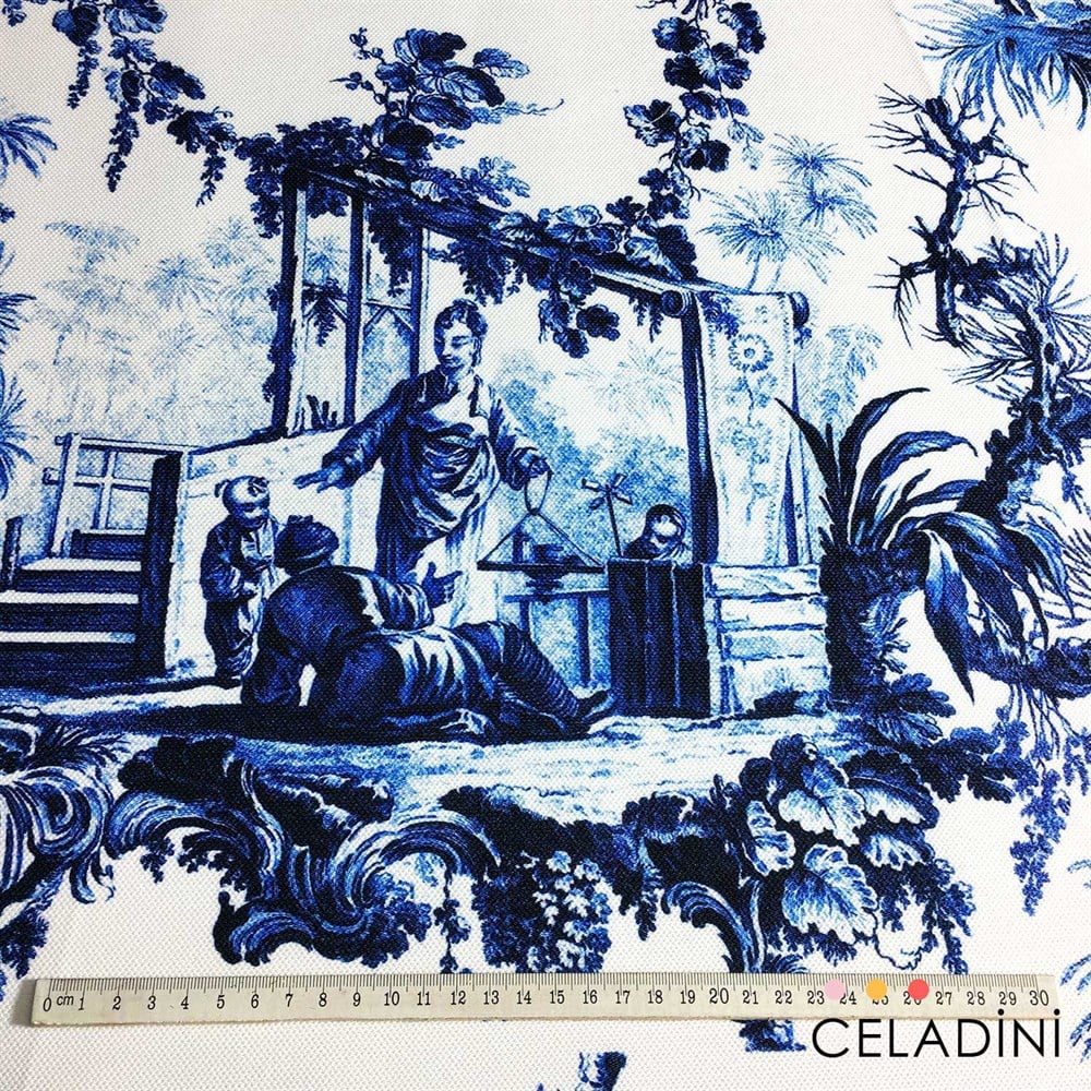 Toile de Jouy - Lacivert Çini Desenli Kumaş