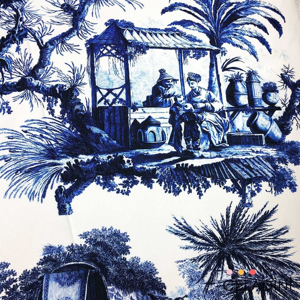 Toile de Jouy - Lacivert Çini Desenli Kumaş