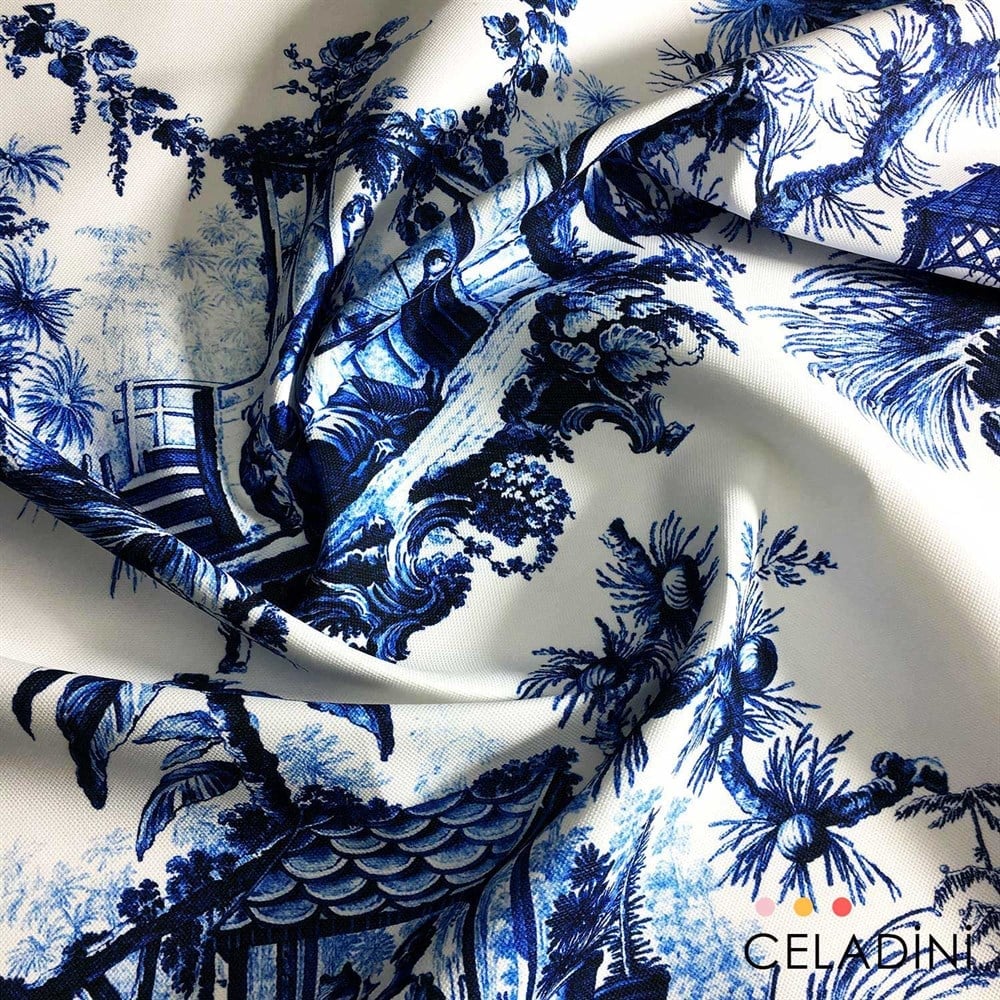 Toile de Jouy - Lacivert Çini Desenli Kumaş