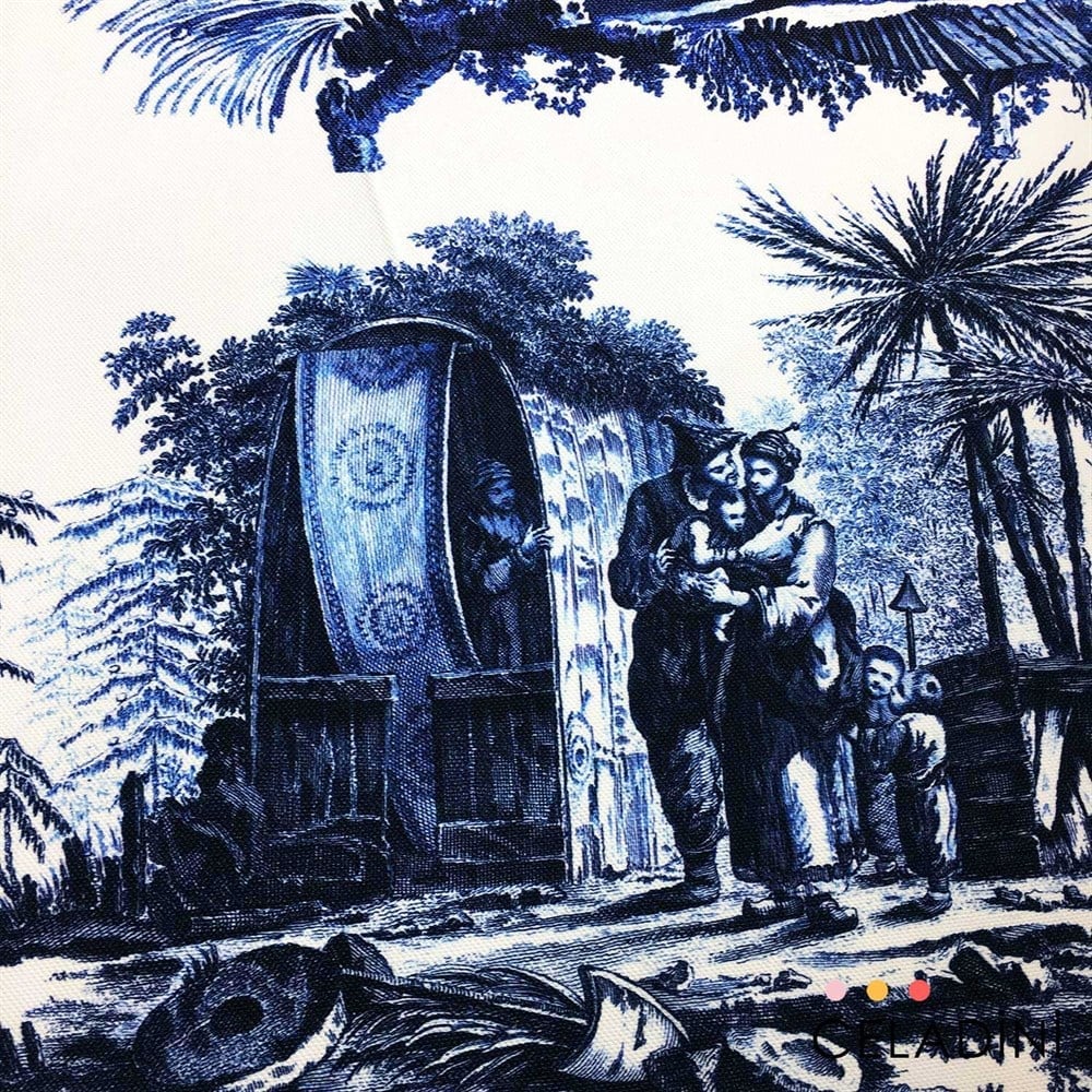 Toile de Jouy - Lacivert Çini Desenli Kumaş