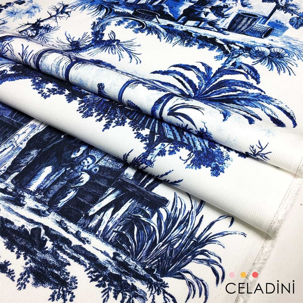 Toile de Jouy - Lacivert Çini Desenli Kumaş
