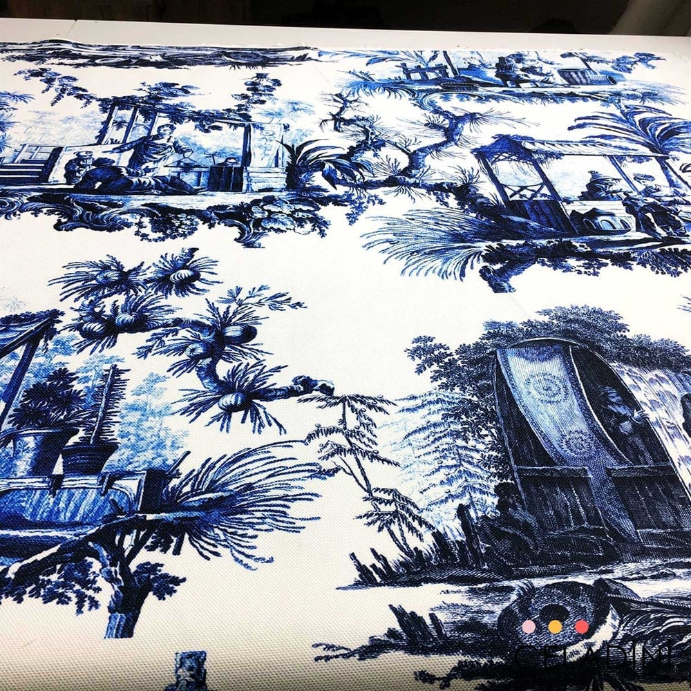 Toile de Jouy - Lacivert Çini Desenli Kumaş