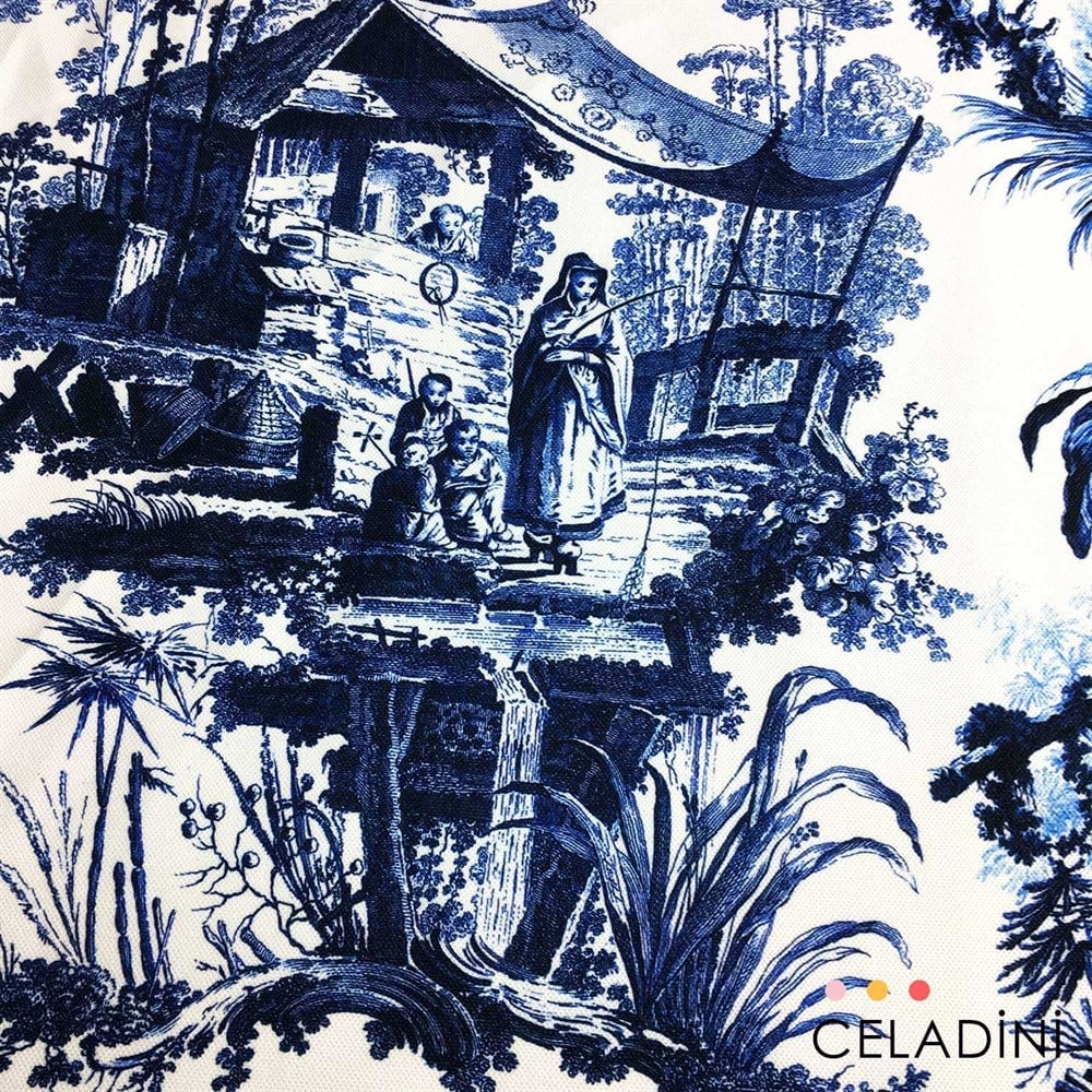 Toile de Jouy - Lacivert Çini Desenli Kumaş