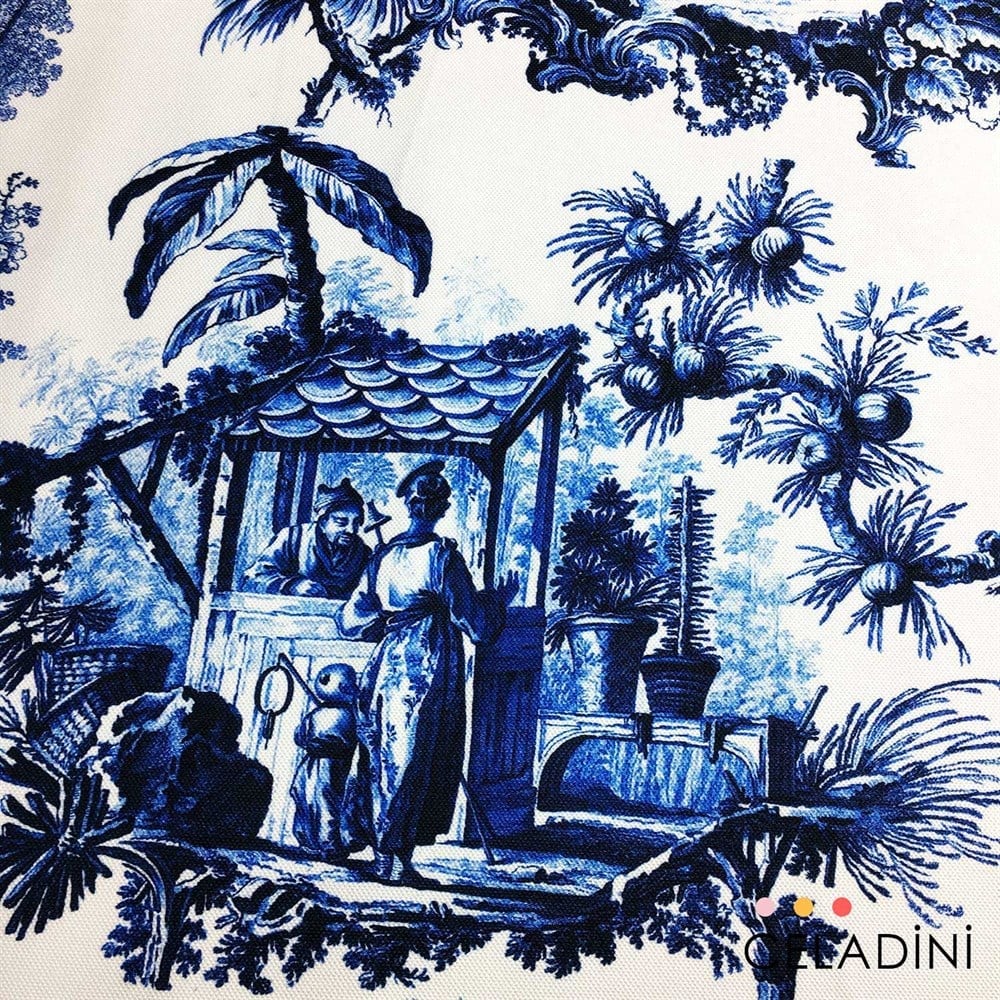 Toile de Jouy - Lacivert Çini Desenli Kumaş