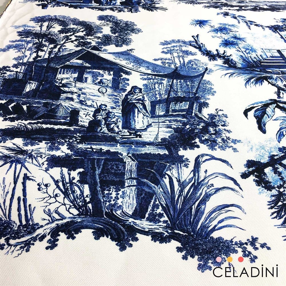 Toile de Jouy - Lacivert Çini Desenli Kumaş