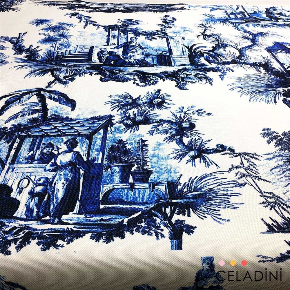 Toile de Jouy - Lacivert Çini Desenli Kumaş