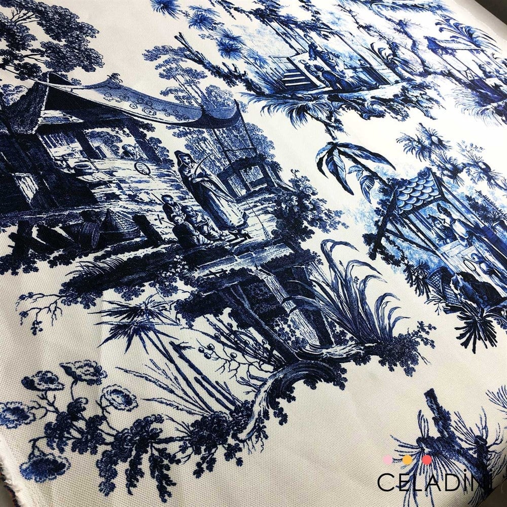 Toile de Jouy - Lacivert Çini Desenli Kumaş