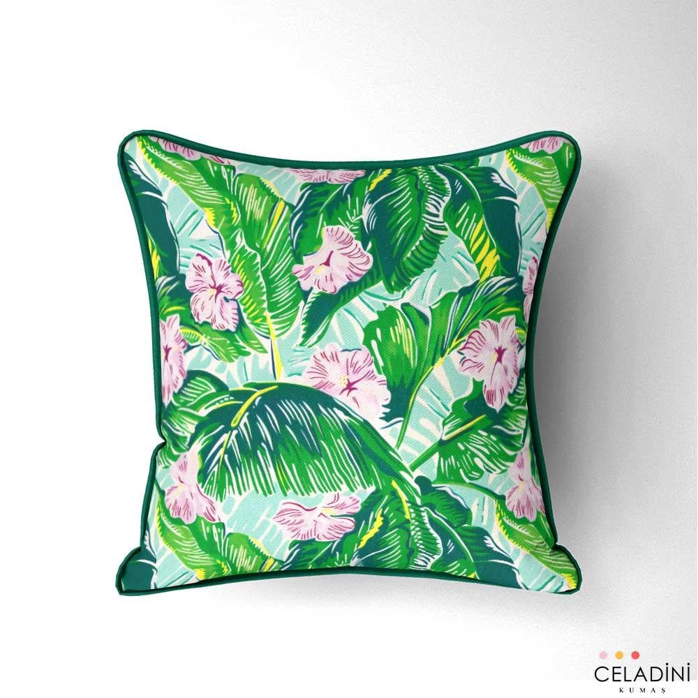 Tropikal Yapraklar ve Hibiscus Desenli Kumaş