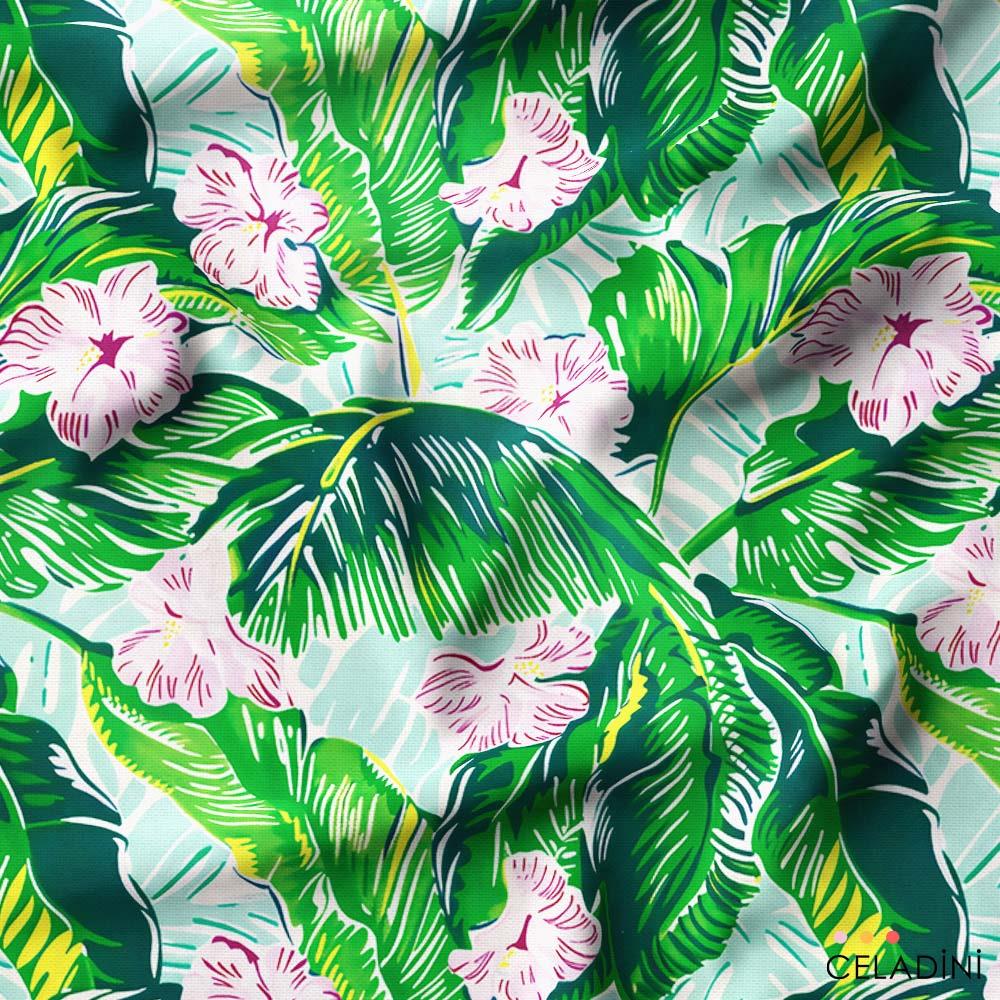 Tropikal Yapraklar ve Hibiscus Desenli Kumaş