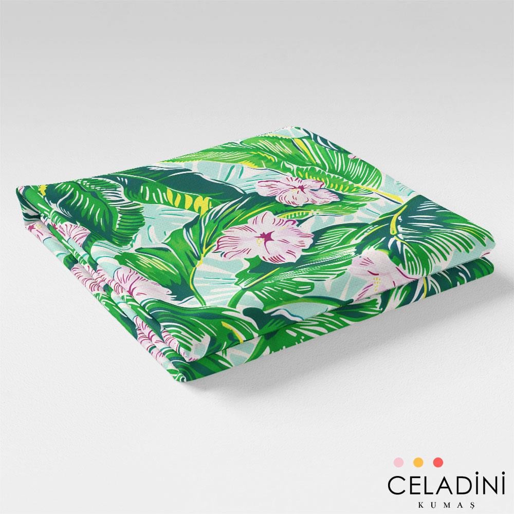 Tropikal Yapraklar ve Hibiscus Desenli Kumaş